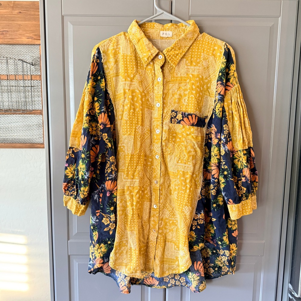 POL Women's Boho Paisley Floral Oversized Button Down Shirt, Yellow Blue, M